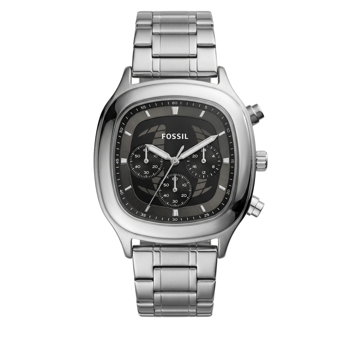 fossil pilot cushion square watch – silver stainless steel & black dial