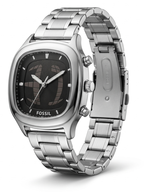 fossil pilot cushion square watch – silver stainless steel & black dial