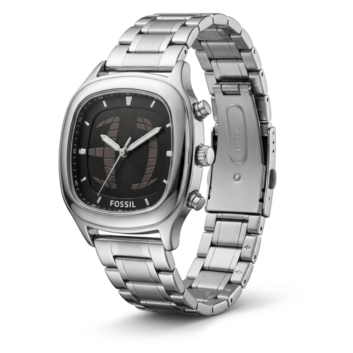 fossil pilot cushion square watch – silver stainless steel & black dial