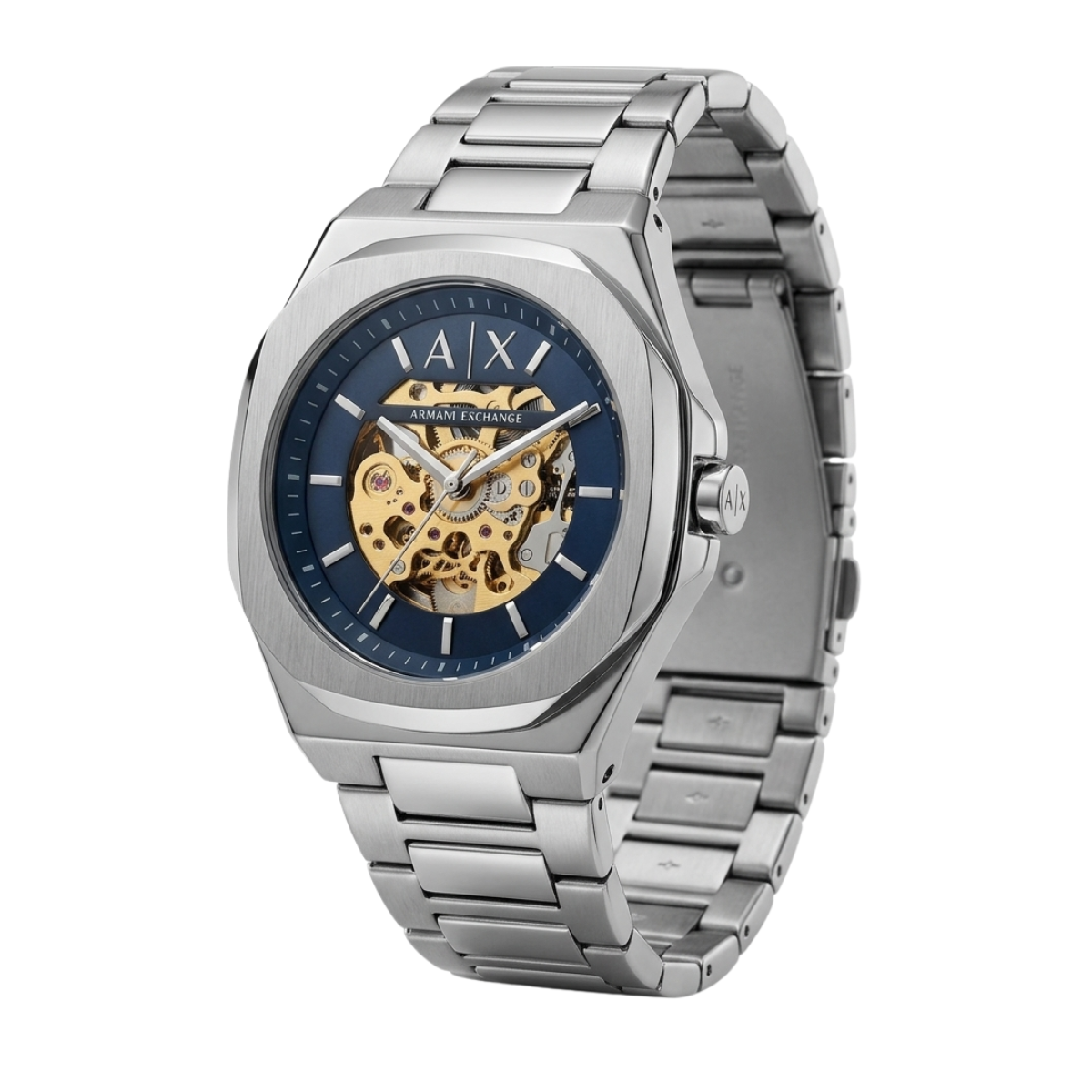 ax men's automatic watch – blue skeleton dial & silver bracelet