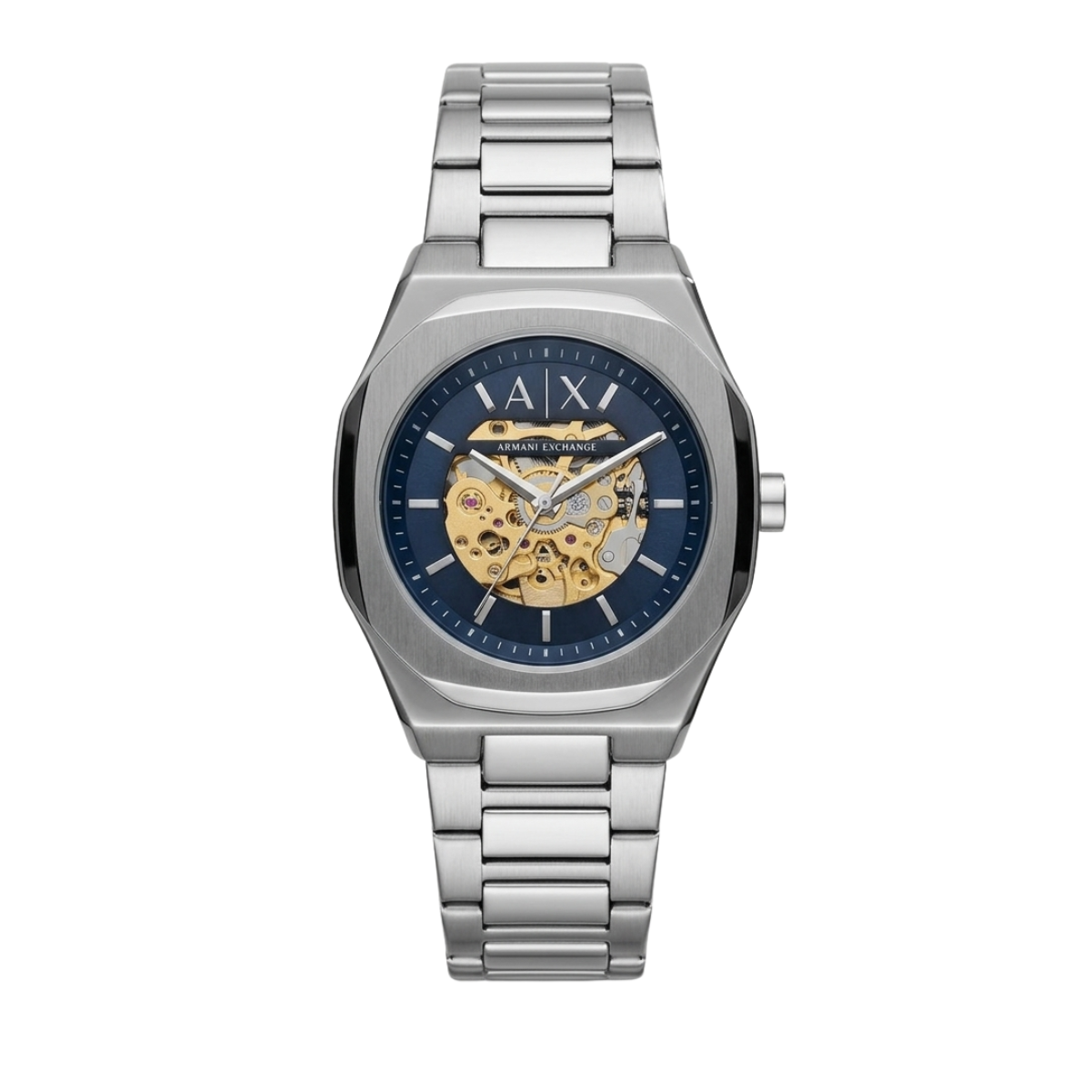 armani exchange ax men's automatic watch – blue skeleton dial & silver bracelet