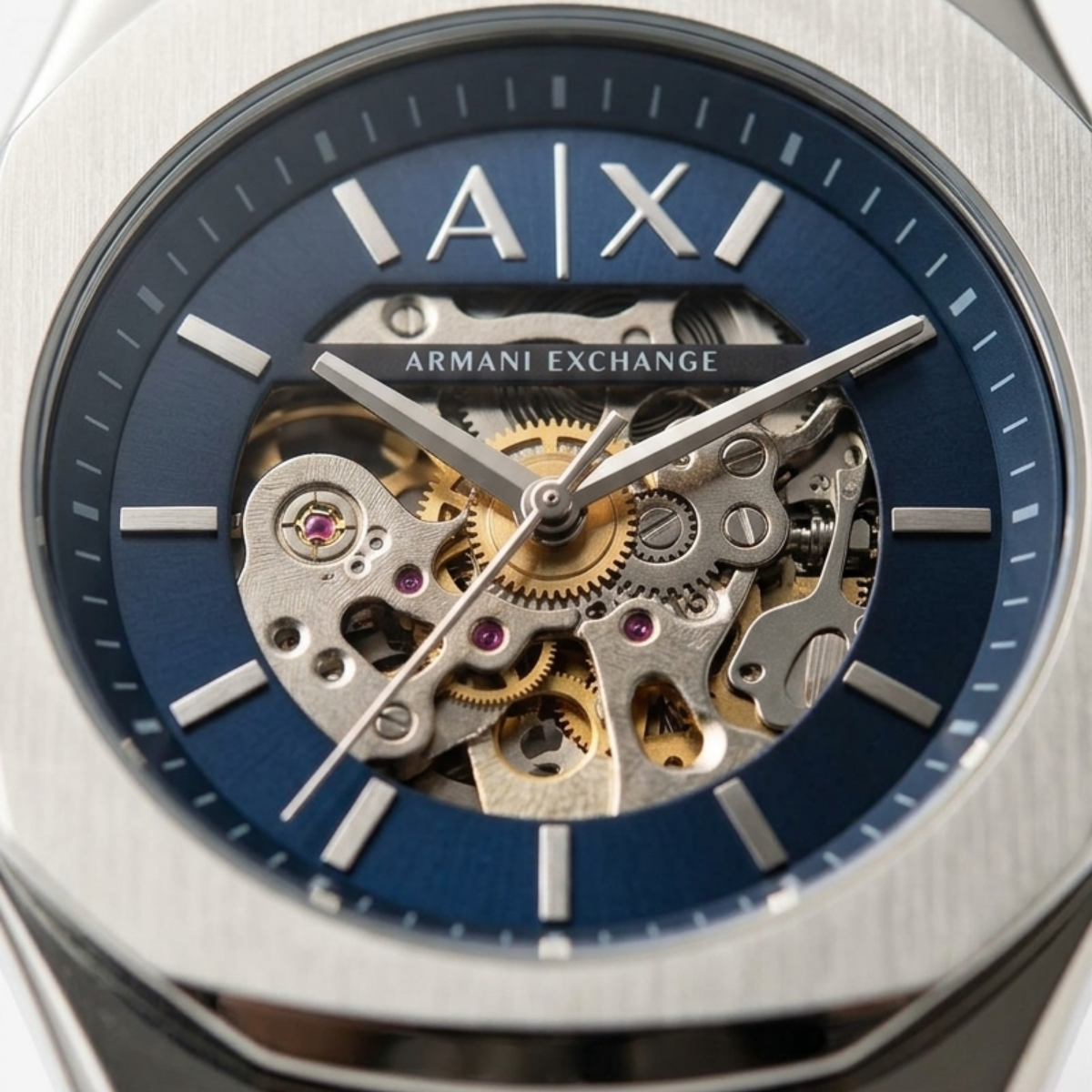 armani exchange ax men's automatic watch – blue skeleton dial & silver bracelet