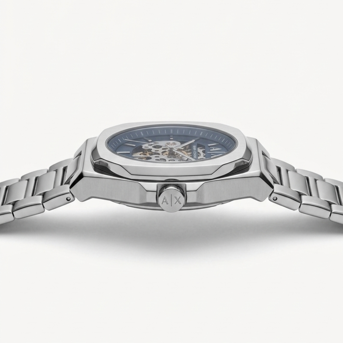 armani exchange ax men's automatic watch – blue skeleton dial & silver bracelet