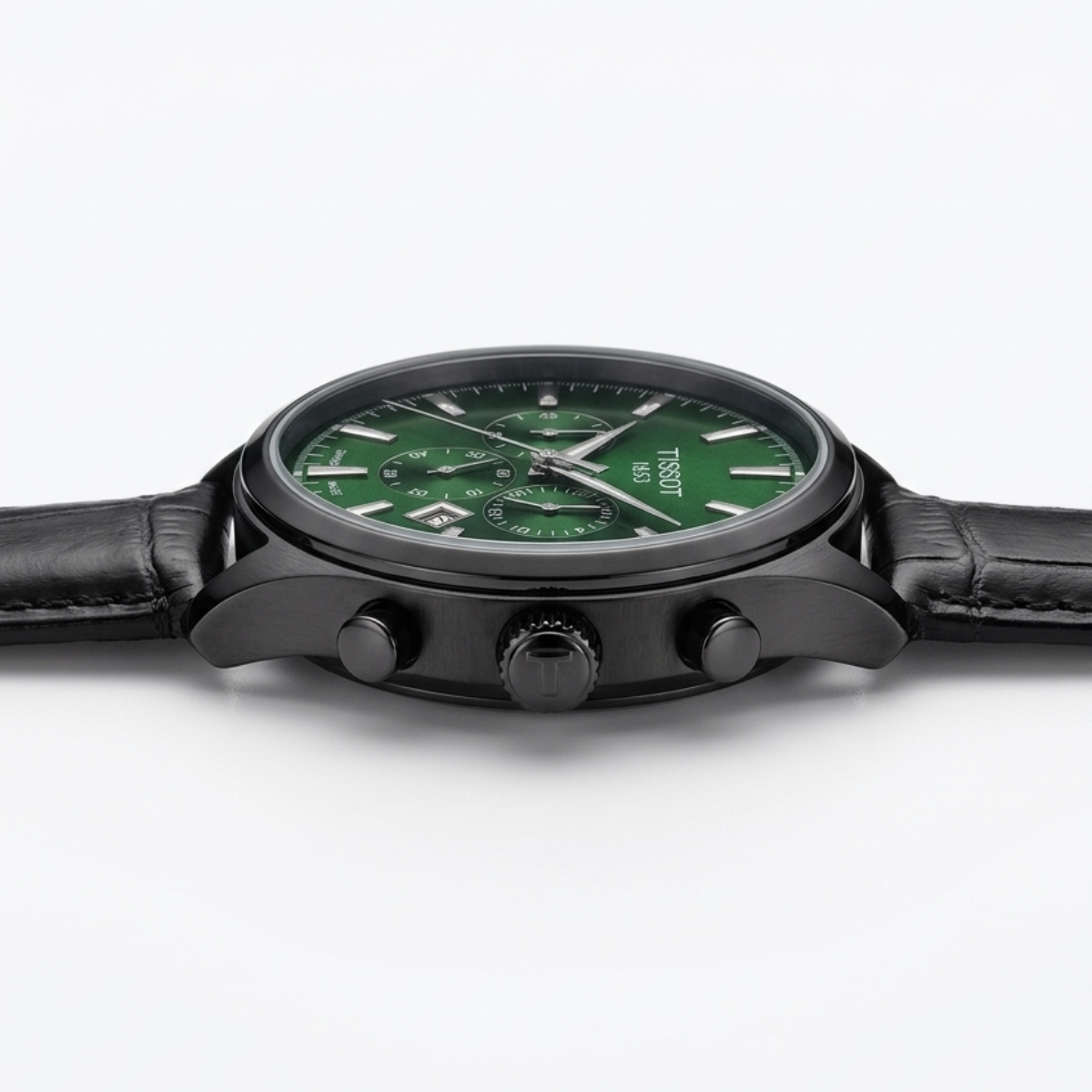 tissot pr 516 chronograph men's watch – green sunray dial & black leather strap