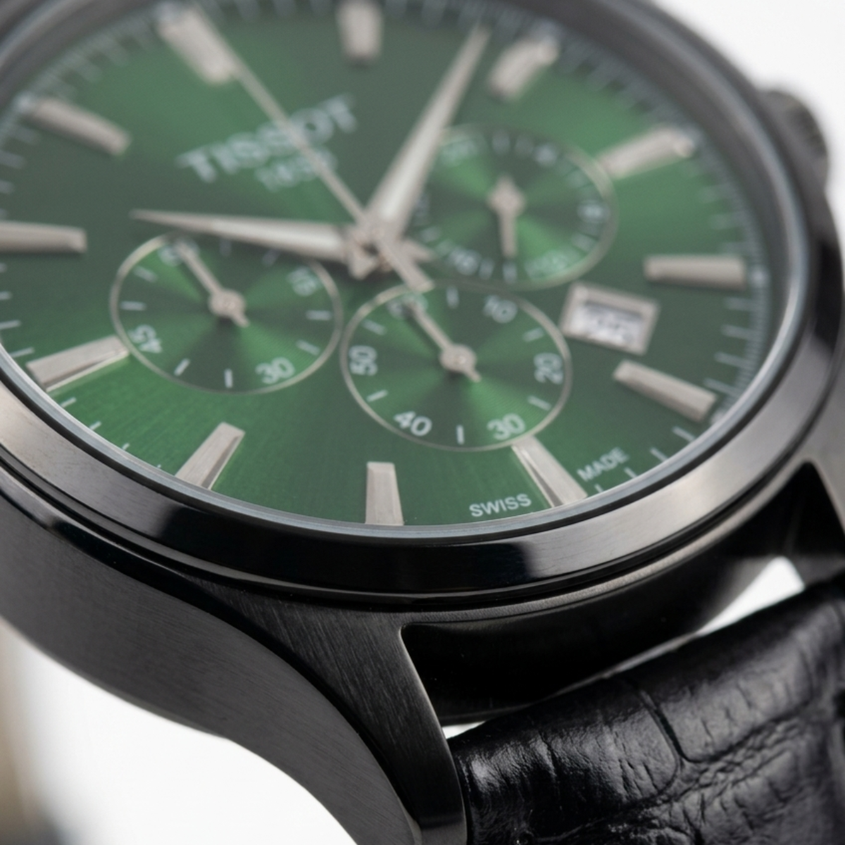 tissot pr 516 chronograph men's watch – green sunray dial & black leather strap