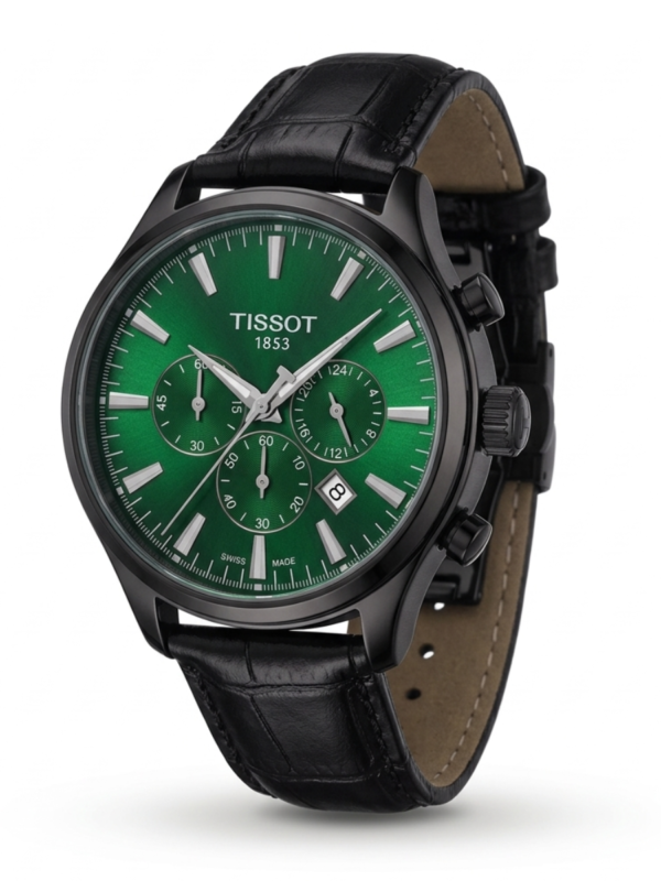 tissot pr 516 chronograph men's watch – green sunray dial & black leather strap