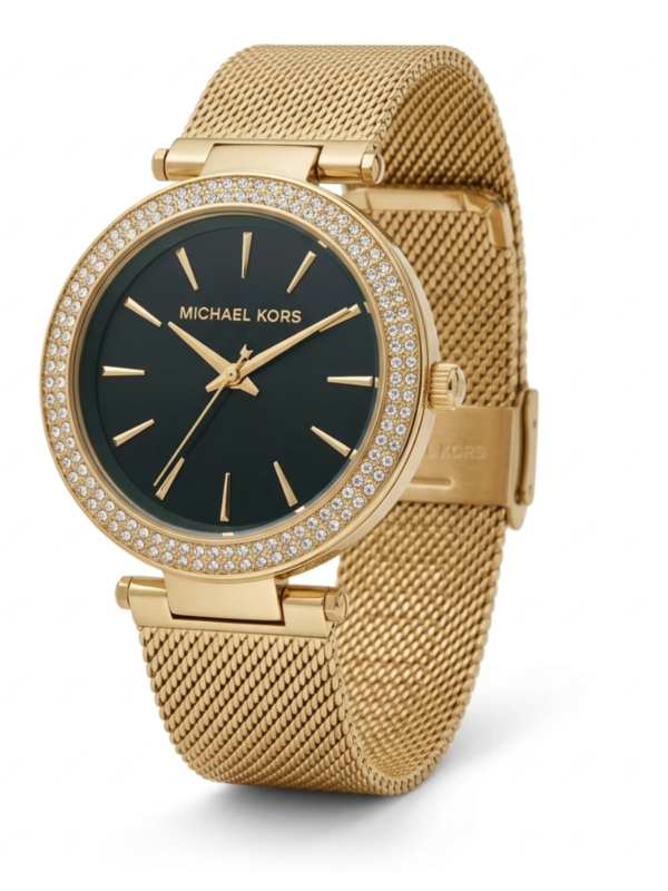 michael kors darci women's watch – green dial with crystal bezel & gold mesh strap