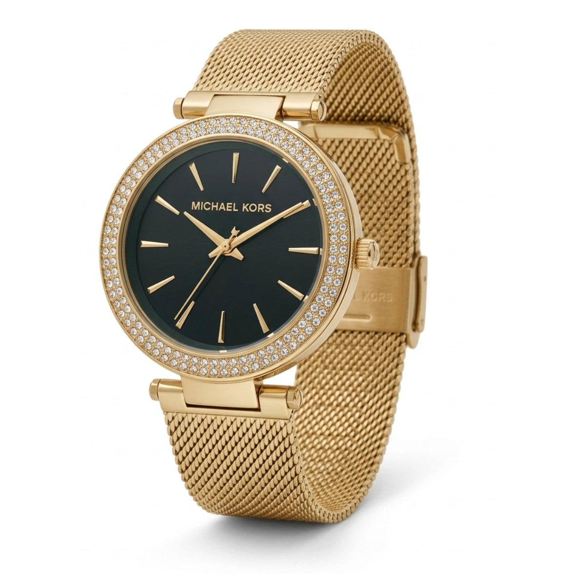 michael kors darci women's watch – green dial with crystal bezel & gold mesh strap