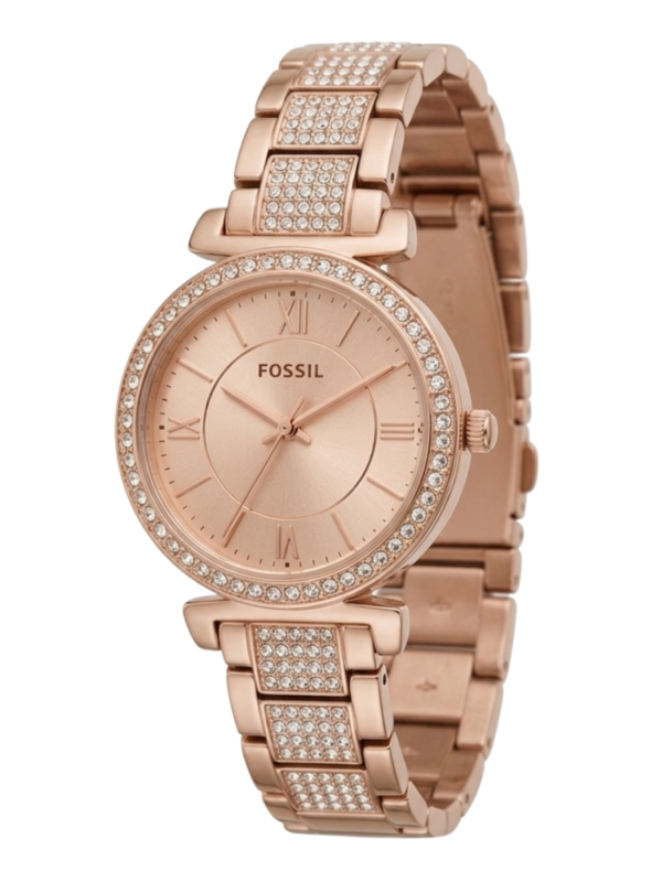 fossil carlie women's watch – rose gold crystal bracelet