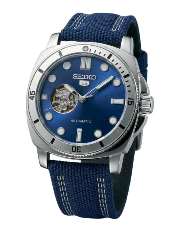 seiko 5 sports automatic open heart watch – blue sunray dial & nylon strap