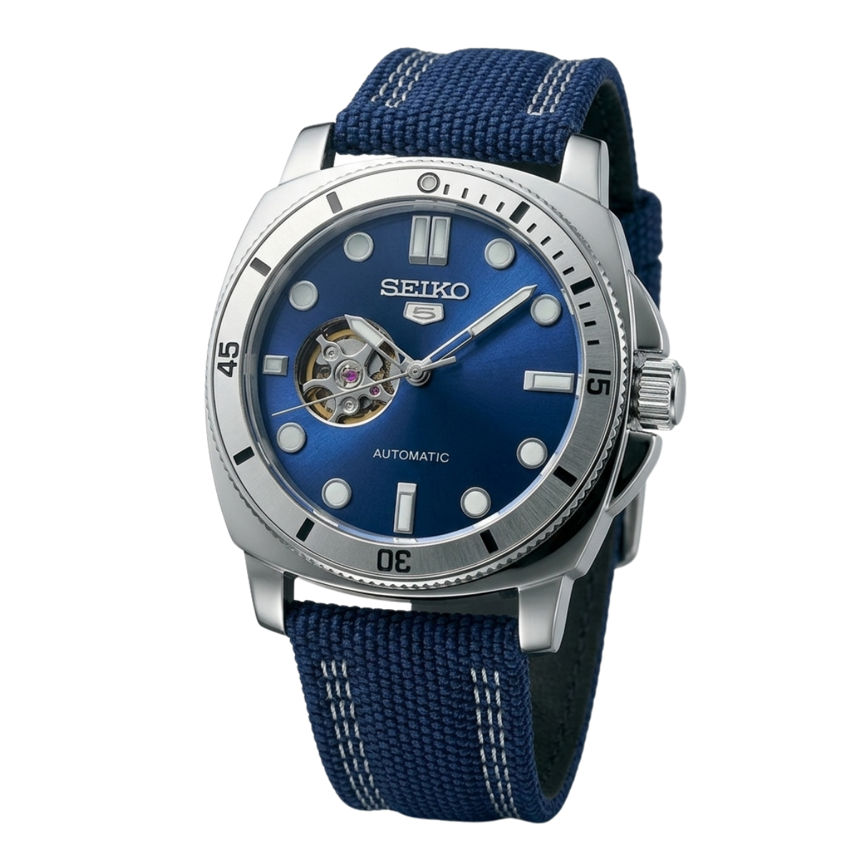 seiko 5 sports automatic open heart watch – blue sunray dial & nylon strap