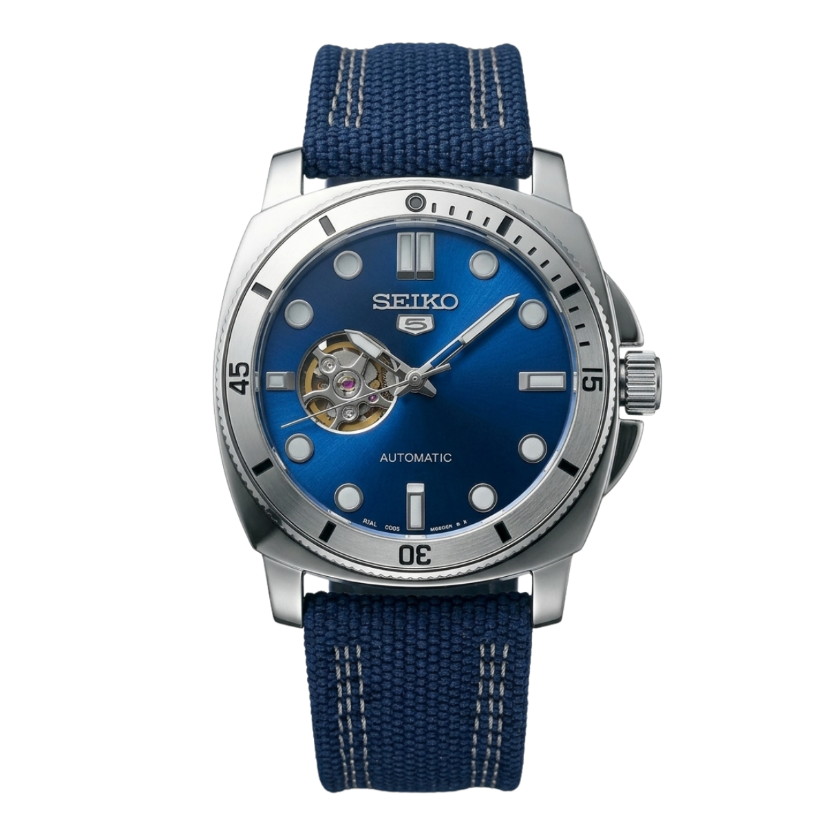 seiko 5 sports automatic open heart watch – blue sunray dial & nylon strap