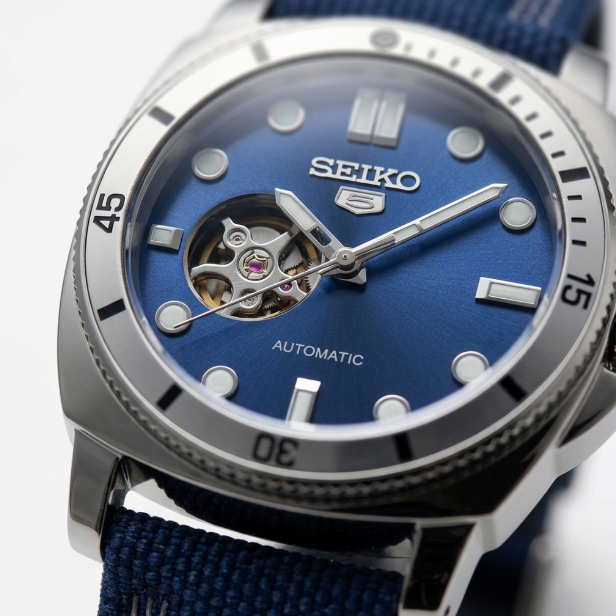 seiko 5 sports automatic open heart watch – blue sunray dial & nylon strap