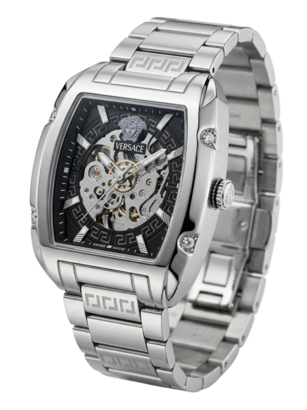 versace greca skeleton automatic men's watch – silver stainless steel