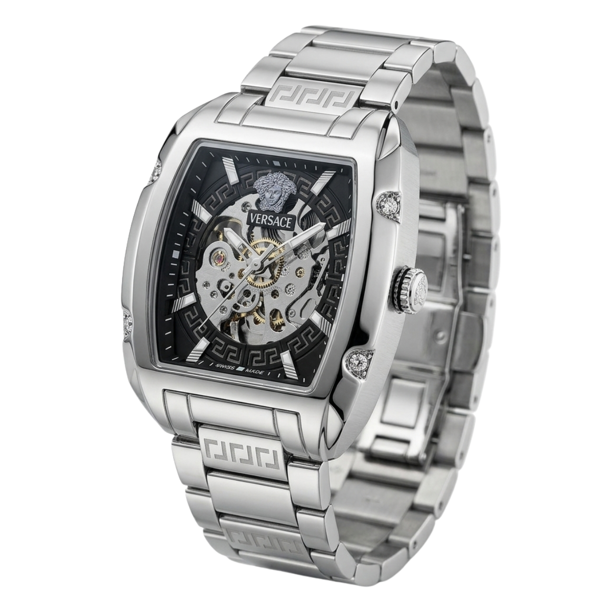 versace greca skeleton automatic men's watch – silver stainless steel
