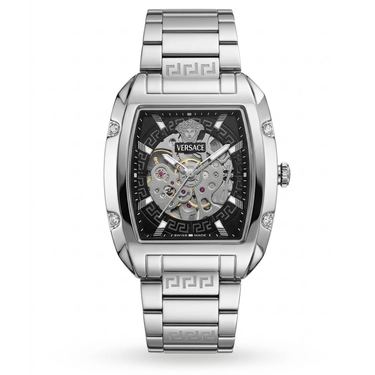 versace greca skeleton automatic men's watch – silver stainless steel