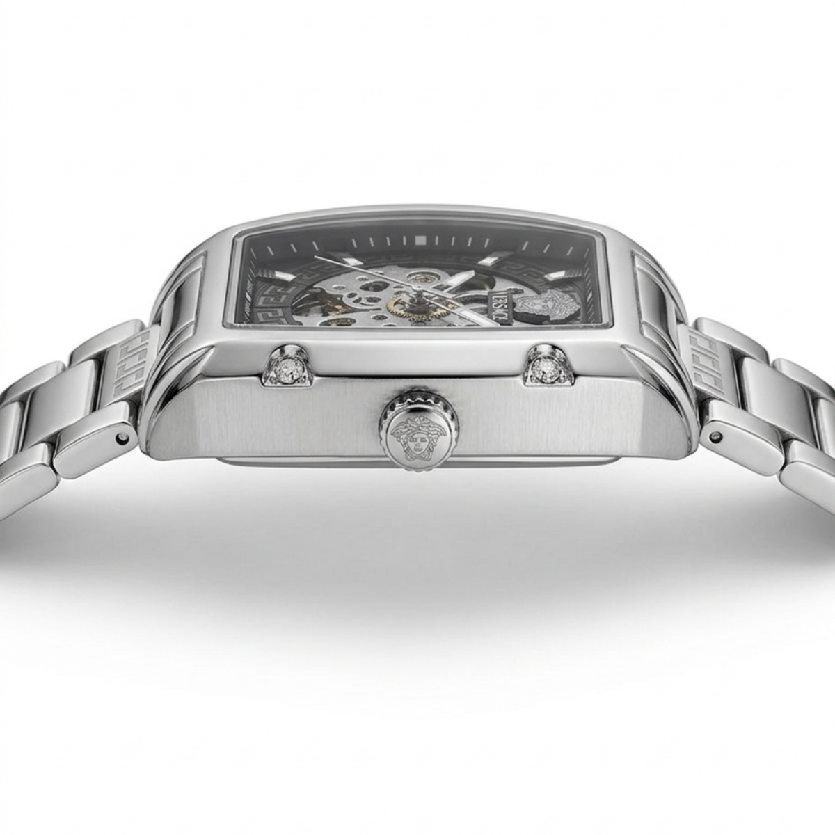 versace greca skeleton automatic men's watch – silver stainless steel