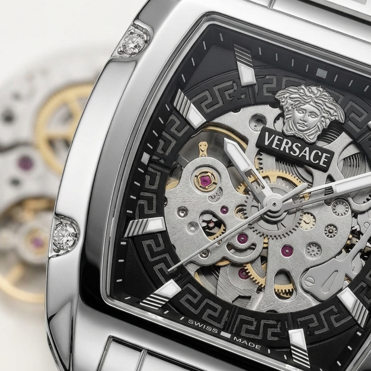 versace greca skeleton automatic men's watch – silver stainless steel